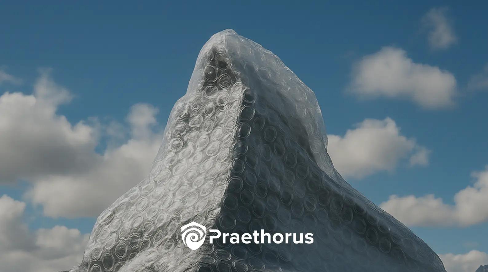mountain-like structure covered in bubble wrap under a blue sky with scattered clouds, with the Praethorus logo at the bottom